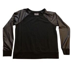 Victoria Sport Black Sweatshirt Faux Leather Sleeve Raglan Crewneck Women's M